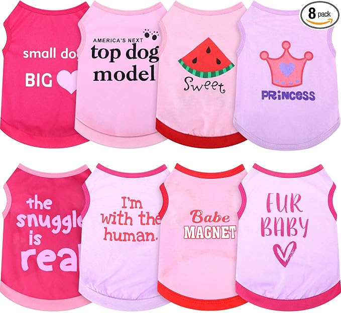 8 Pieces Dog Shirts Girl Small Dog Clothes for Chihuahuas Yorkies Female Puppy Shirts Printed Pet Outfit Cute Breathable Soft Valentine's Day Doggie Cat Lovers Gift(Cute Pattern,Size L)