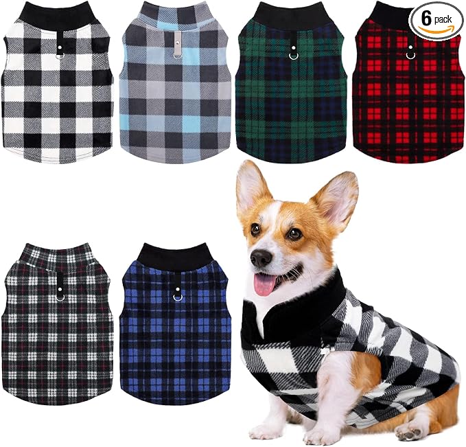 6-Piece Dog & Cat Clothes - Warm Fleece Vests with Leash Ring, Plaid Pullover for Small Dogs & Puppies, Winter Pet Clothes