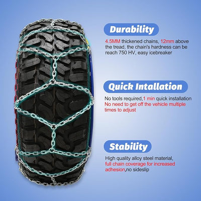 Snow Chains for Pickup Trucks, 2 Piece x 12mm, 1 Minute Quick Installation Tire Chains with Automatic Tensioner, Heavy-Duty Emergency Tire Traction Chain for Pickup Trucks and Off-Road SUVs (HYR-A)