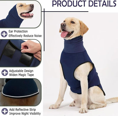 KOESON Dog Calming Vest with Soft Ear Wrap, Breathable Dog Thunder Jacket with Adjustable Hook & Loop, Reflective Puppy Anxiety Relief Jacket for Fireworks, Thunder, Travel, Separation, Navy Blue XS