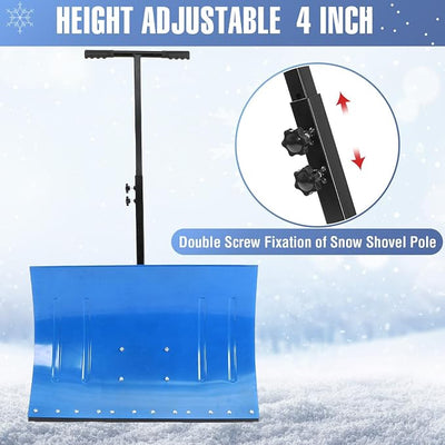 Snow Shovel for Driveway with Wheels, 29.1" W x 19.3" H, Heavy Duty Snow Pusher, Snow Plow Shovel Rolling, Adjustable Angle & Height Carbon Steel Metal Blade, for Snow Removal Clear, for Garden, Deck