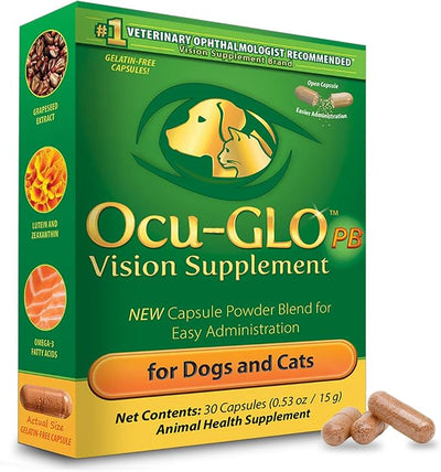 Ocu-GLO PB Vision Supplement for Small Dogs & Cats – Easy to Administer Powder Blend with Lutein, Omega-3 Fatty Acids, Grape Seed Extract and Antioxidants to Promote Eye Health, 30ct Sprinkle Capsules