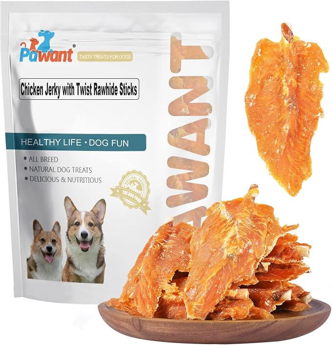 Chicken Jerky Twist Rawhide Dog Treats Sticks 8oz | 74.8% real poultry breast; 66% high protein; 2% ultra low fat; mechanical plaque removal; perfect for small & medium breeds