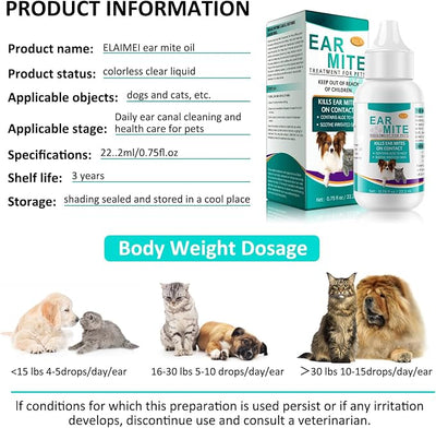 Ear Mites Treatment for Dogs and Cats,Dog Ear Infection Treatment Drops 1.5 Fl Oz | Relief for Dogs and Cats Suffering from Ear Mites, Pets Ear Cleaning Drops with Soothing Aloe for Dog & Cats
