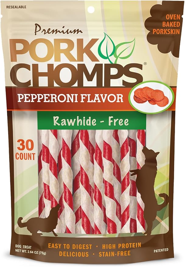 Baked Pork Skin Dog Chews, 5 Inch Mini Twists, 30 Count - Pepperoni Flavor Wrap - Long-Lasting Treats for Dogs - High Protein, Rawhide-Free, Low Fat, Healthy & Delicious Chews