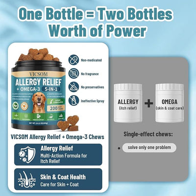 Dog Allergy Chews Omega 3 is Human, Dog Allergy Relief Itch Relief, 200 Chews Anti-Itch for Dogs Itchy Skin, Ear & Paw Licking, Allergy Relief Chews with Probiotics Fish Oil for Gut, Immune & Coat