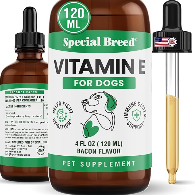 Vitamin E for Dogs Liquid 250 IU - Vitamin E Oil for Dogs Skin and Coat Support - Dog Immune Support Antioxidant Supplement - Bacon Flavor - 120 Servings - 4 oz