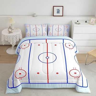 Erosebridal Teens Hockey Comforter Set, Kids Boys Ice Hockey Field in Blue Tones and Red Graphic Outline for Sport Events Down Comforter, Decorative 3 Piece Bedding Set with 2 Pillow Cases, Full Size