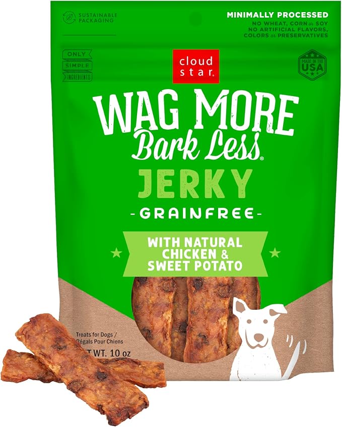 Wag More Bark Less Chicken & Sweet Potato Recipe Grain-Free Jerky Dog Treats 10 Ounce Bag, Model: 693804191113