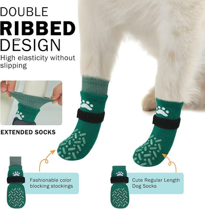 SCENEREAL Dog Socks to Prevent Licking Paws for Hot/Cold Pavement, Anti Slip High Top Dog Grip Socks for Hardwood Floors, Dog Shoes Booties&Paw Protector for Small Medium Large Senior Dog, Green L
