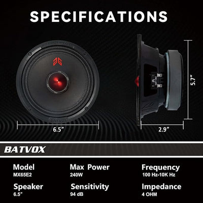 MX65E2 Midrange Loudspeaker 6.5" Red Bullet, 480W Max, 4 Ohms, Premium Quality Audio Door Speakers for Car or Truck Stereo Sound System, Black (2 Speaker)
