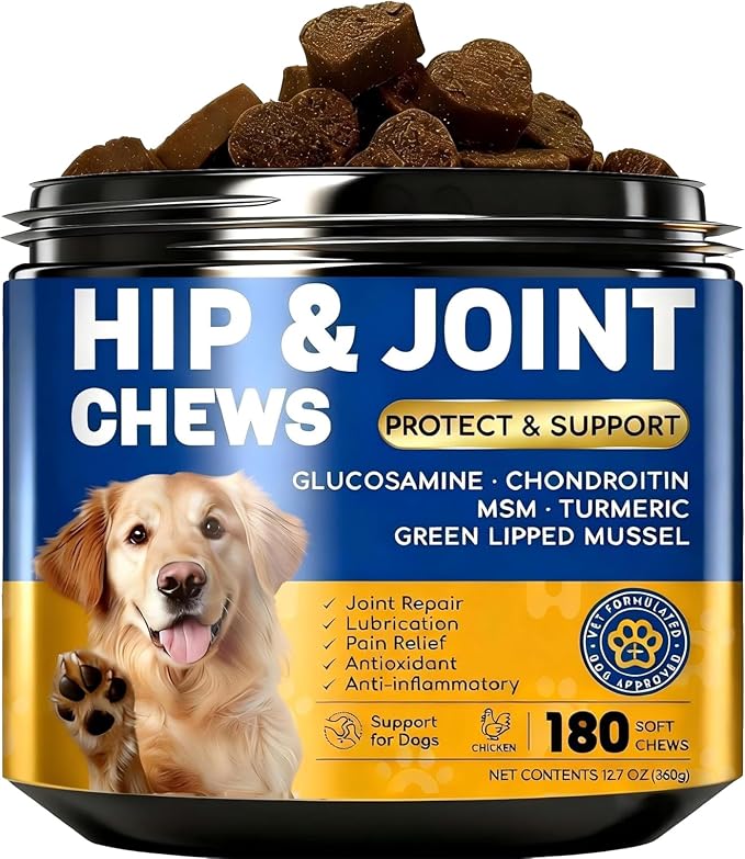 Glucosamine for Dogs: Joint Supplement with Chondroitin, MSM, Turmeric & Green-Lipped Mussel – Hip & Joint Pain Relief, Mobility Support for Senior Dogs & All Breeds (180 Soft Chews)