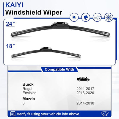 KAIYI 24" + 18" Windshield Wipers Compatible with Buick Regal 2011-2017,Mazda 3 2014-2018,Buick Envision 2016-2020 Premium Automotive Replacement Windshield Wiper Blades 2 Pack