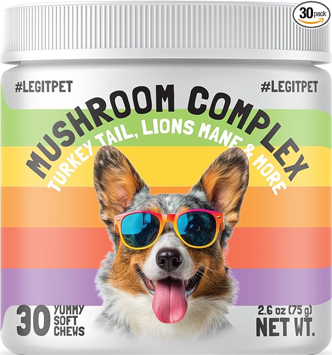 Mushroom Complex Treats for Dogs with Reishi, Shiitake, and Turkey Tail Mushrooms for Cognition and Immune Boosting Supports Digestive Health and Reduces Inflammation DHA EPA Turmeric Kelp 30 Chews