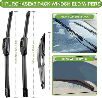 PARRATI® Windshield Wiper Blades for Jeep Wrangler 2018-2025, 3 Pack | 16/16 Inch Front +12 Inch Rear, OEM Replacement, Ultra Quiet, No Streaks All Weather Wiping