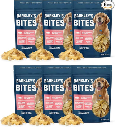 Barkley’s Bag Salmon Bites, Freeze Dried Dog Treats and Food Topper, Made with Wild-Caught Salmon, Bite-Sized Whole Pieces for Training Rewards, for All Dog Breeds, Ages & Sizes, 4 Oz Bag (6 Pack)