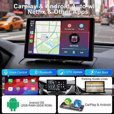 9" Upgraded Wireless Carplay Screen For Car, Built-in Apps Net-flix Youtube Tiktok, Portable AI Magic Box For Apple Car Play & Android Auto Screen With HD Backup Camera, Voice Assistant , OTA Updates
