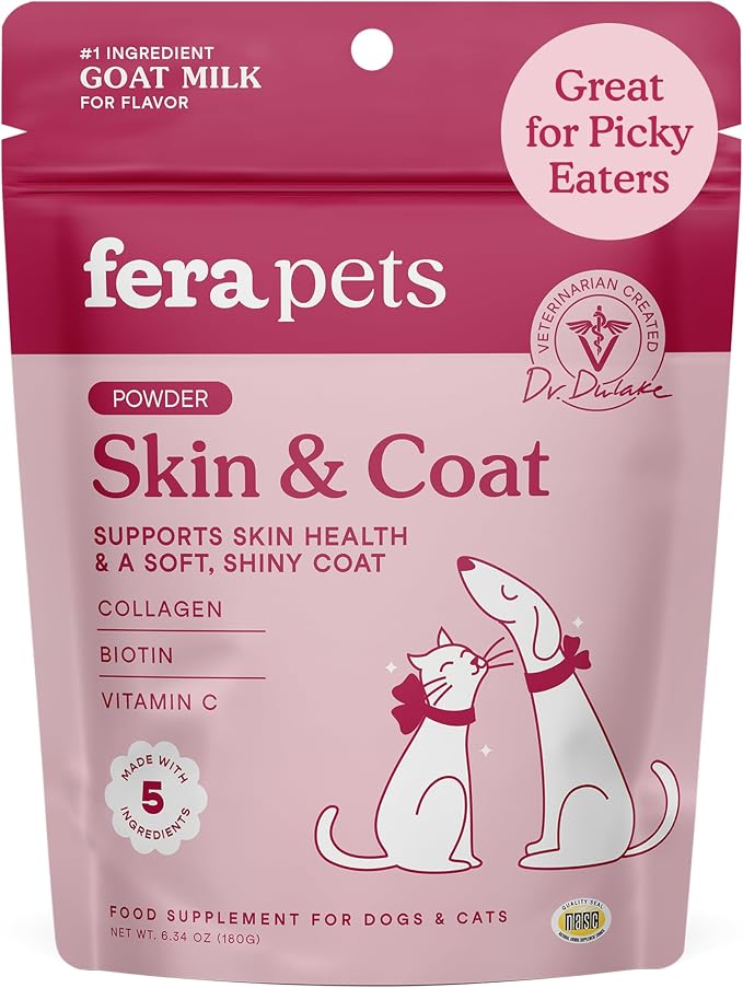 Goat Milk Topper - Cat & Dog Skin and Coat Supplement with Collagen, Biotin & Vitamin C - Helps Maintain Normal Skin Moisture - Promotes a Shiny Coat - for Picky Eaters - 60 TSP