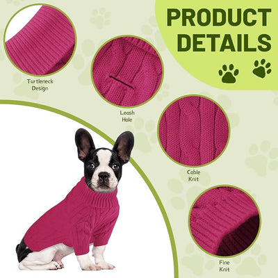 Small Dog Thermal Pullover Sweater, Classic Turtleneck Cable Knitwear Dog Clothes for Cold Weather Warm Pet Clothes for Chihuahua, Bulldog, Dachshund, Pug Hot Pink XX-Large