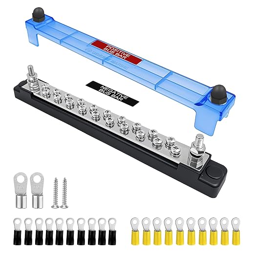 LENKRAD 20 Power/Ground Distribution Block, Marine Bus Bar 12V Waterproof 150A Battery Terminal Junction Block for Automotive RV Solar Wiring, Boat Bus Bar Kit 2 x M6 Posts, 20 x M4 Terminal Screws