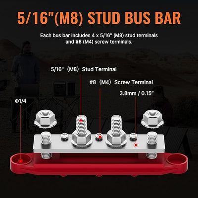 Joinfworld Power Distribution Block Bus Bar 12V 250A with 4 x 5/16"(M8) Studs Marine Bus Bar 12 Volt DC Battery Busbar Terminal Block for Automotive, Car, Boat, Solar Wiring - Negative&Positive