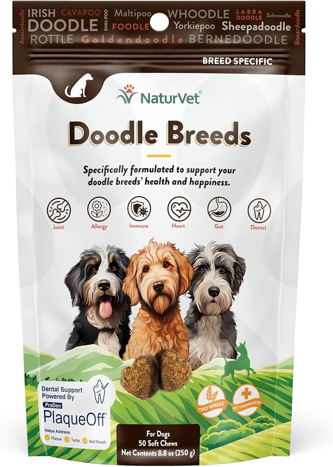 Doodle Breeds Supplement- for Joint Support, Digestion, Skin, Coat Care- Dog Multivitamins with Minerals, Omega-3, PlaqueOff- Wheat-Free Vitamins for Dogs- Doodle Breeds- 50 Soft Chews