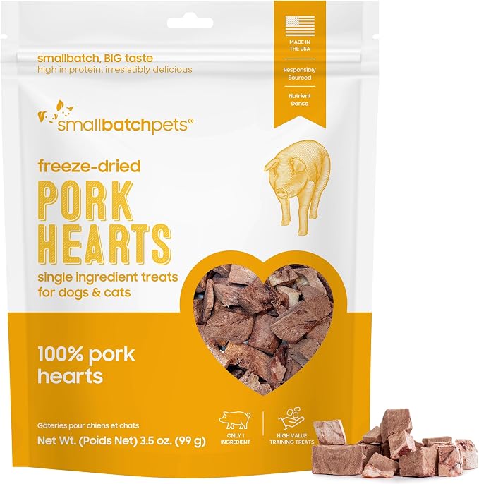 Premium Freeze-Dried Pork Heart Treats for Dogs and Cats, 3.5 oz, Made and Sourced in The USA, Single Ingredient, Humanely Raised Meat, No Preservatives or Anything Artificial
