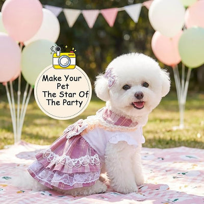 Plaid Princess Dog Dress, Multi Layered Skirt Lace Trim Design Dog Outfit, Girl Dog Clothes with Large Bow & Bow Hair Accessory for Birthday, Wedding, Party, Photoshoot (L)