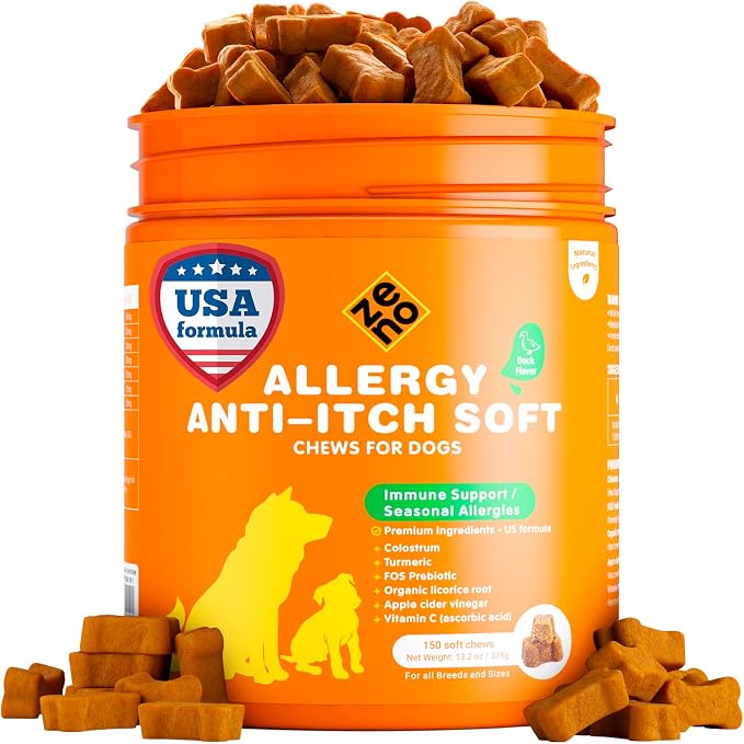 ZENO Dog Allergy Chews 150Pcs - Dog Supplements for Itchy Skin and Paw Licking - Canine Allergy Relief - US Formula with Probiotics, Natural Ingredients & Vitamins - Duck
