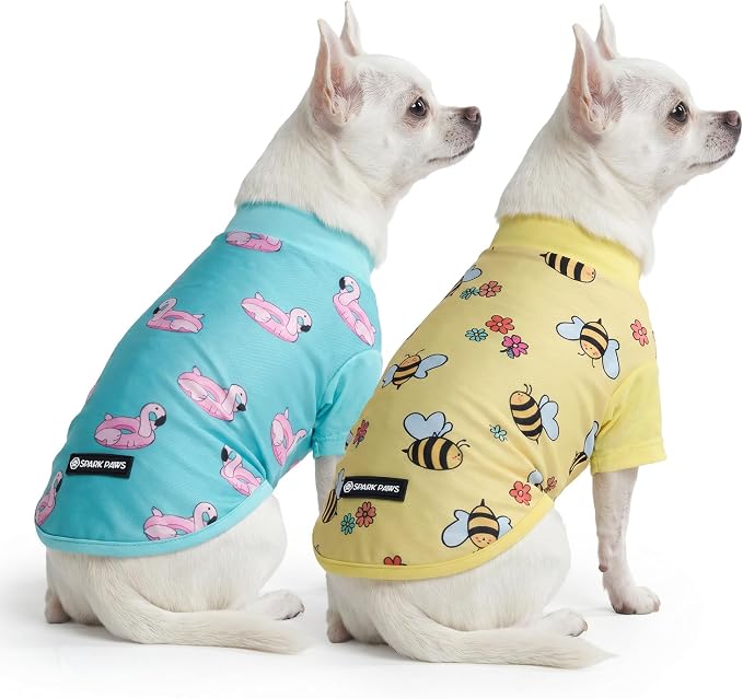 Spark Paws Sunblock Dog T-Shirt, SPF30 Protection, Lightweight Breathable Quick Dry for Dogs with Sensitive Skin - Bees & Flamingo (Set of 2) - Size S
