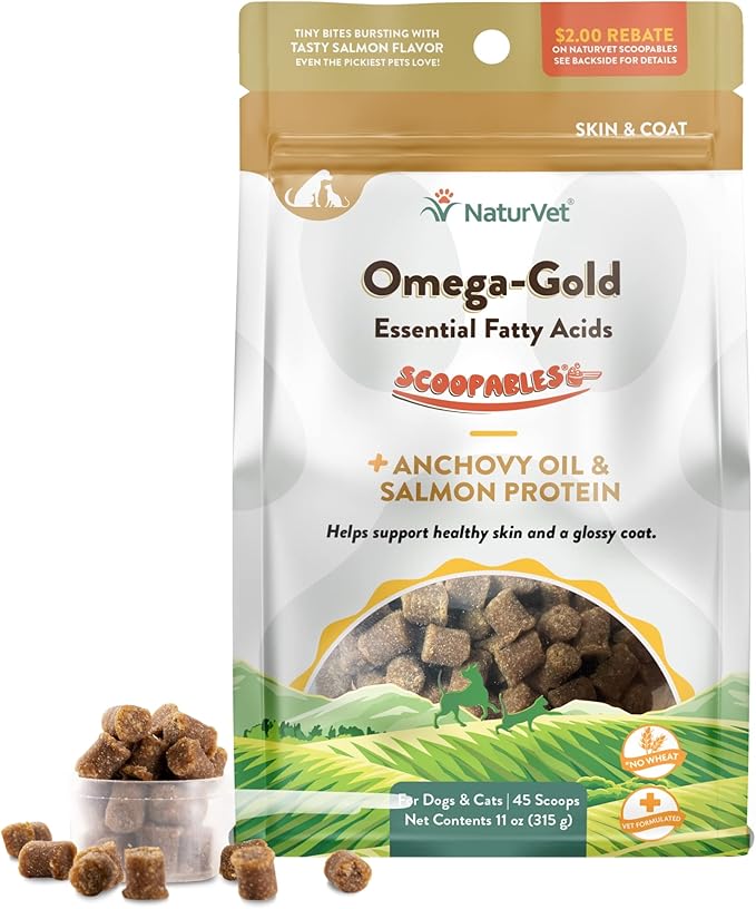 Scoopables Omega-Gold Anchovy Oil & Salmon Supplement For Dogs and Cats - Supports Healthy Skin & Coat Plus DHA, EPA, Omega-3, & Omega-6 - Anchovy & Salmon Flavored For Dog and Cat | 11oz Bag