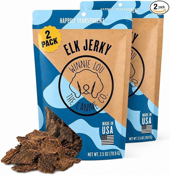 Winnie Lou Elk Jerky Dog Treats – Limited Ingredient, Human Grade, Dog Jerky, Training Treats Small, Medium & Large Dogs, USA Made, High Protein, Sensative Stomach, Dog Treats Healthy (2 Pack)