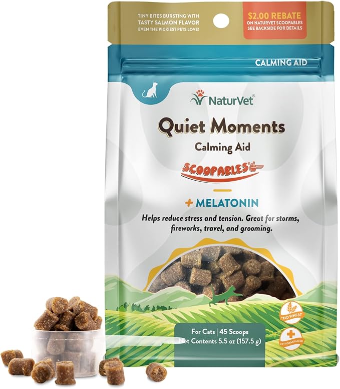 Scoopables Quiet Moments Cat Calming Aid - Promotes Calm with Stressful Events Storms, Fireworks, Travel, Separation Anxiety - Cat Health Supplement w/Melatonin - Salmon Flavored | 5.5oz Bag