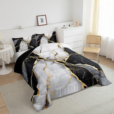 Black Marble Comforter Set,Gold Metallic Marble Down Comforter for Kids Boys Teens Adult, Black Gold Abstract Marble Texture Bedding Set Twin Size, Boho Hippie Duvet Sets with 1 Pillow Case