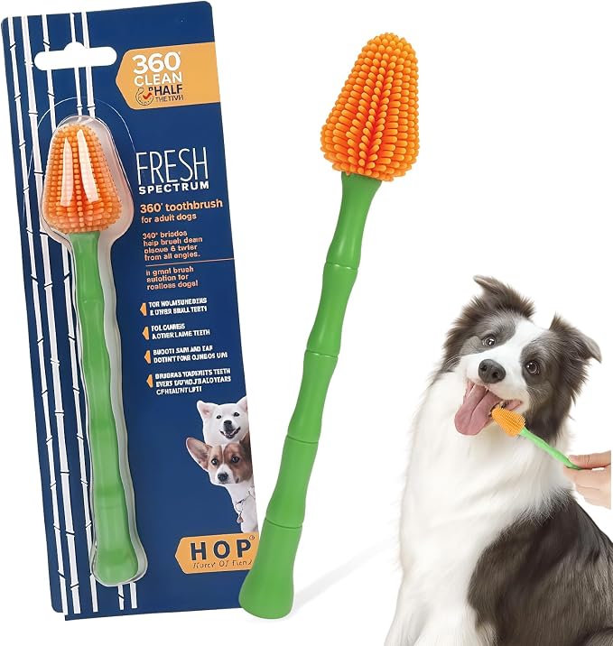 HOP Dog Toothbrush Orange 360° Soft Silicone Bristles Dog Toothbrush Full-Angle Dental Cleaning Green Bamboo-Shaped Long Handle Pet Dental Care for Dogs 6.89in/17.5cm