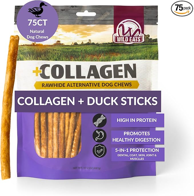 Wild Eats Duck Collagen Sticks for Dogs (75 Pack, 0.6 cm Wide) Long Lasting Dog Chews No Hide Dog Treat Bully Stick Alternative, Rawhide Free, Grain Free, High Protein