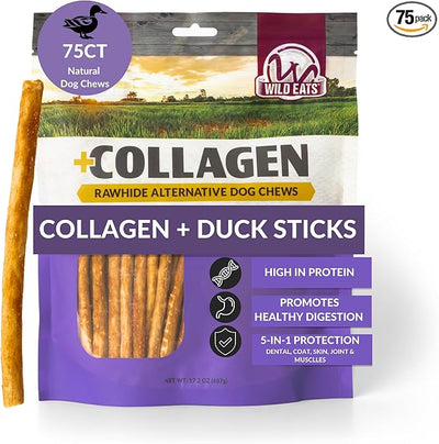 Wild Eats Duck Collagen Sticks for Dogs (75 Pack, 0.6 cm Wide) Long Lasting Dog Chews No Hide Dog Treat Bully Stick Alternative, Rawhide Free, Grain Free, High Protein