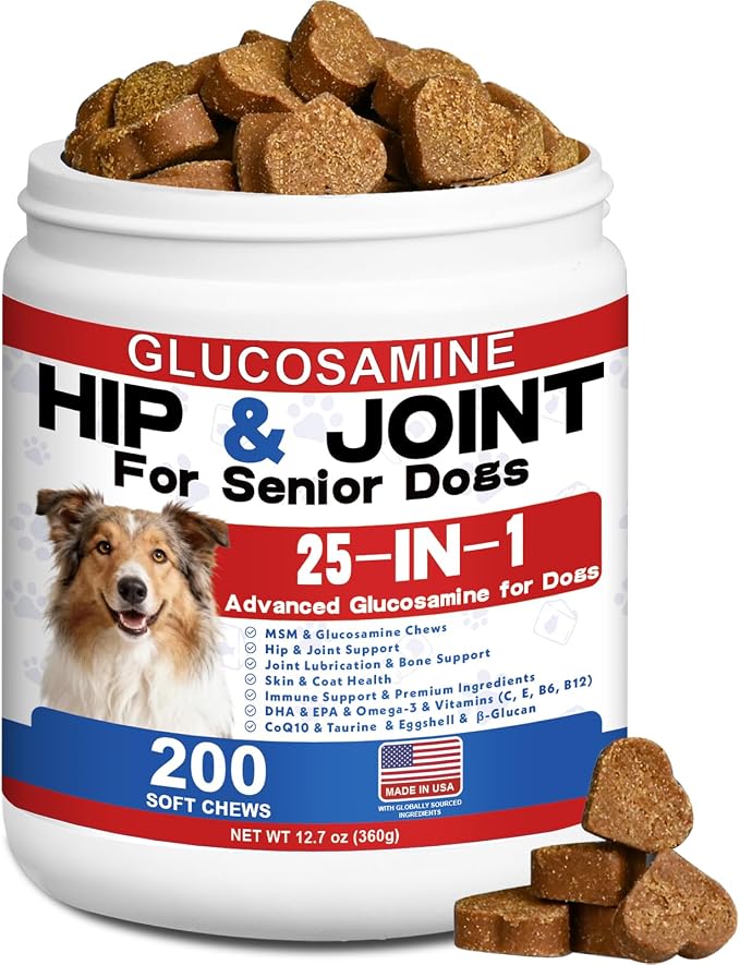 Glucosamine for Dogs Hip and Joint Supplement - 25-in-1 Hip and Joint Chews for Dog with MSM, Green Lipped, Turmeric, Yeast, Omegas, Vitamins| Mobility Support for All Ages & Sizes Dogs,200 ct