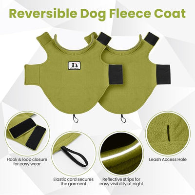 DENTRUN Reversible Dog Coat - Windproof Polar Fleece Vest with Reflective Neck Strips, Hook & Loop Closures, Sleeveless Cold Weather Jacket for Large Dogs, XL