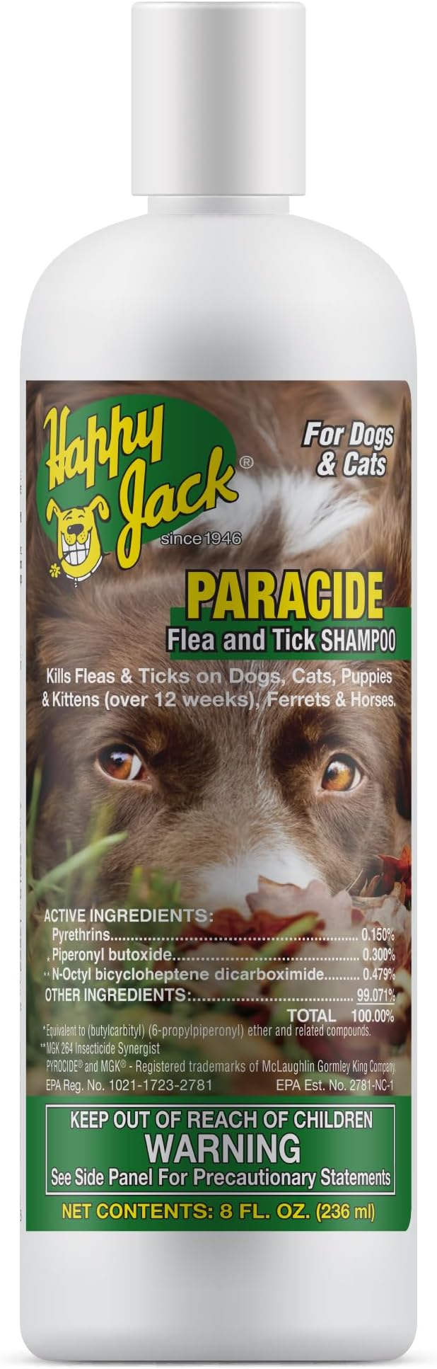 Happy Jack Paracide Flea & Tick Shampoo for Dogs & Cats, Medicated Treatment Shampoo Kills Fleas, Ticks & Mites on Contact, 30-Day Prevention, Deep Coat & Skin Protection for Sensitive Pets (8 oz)