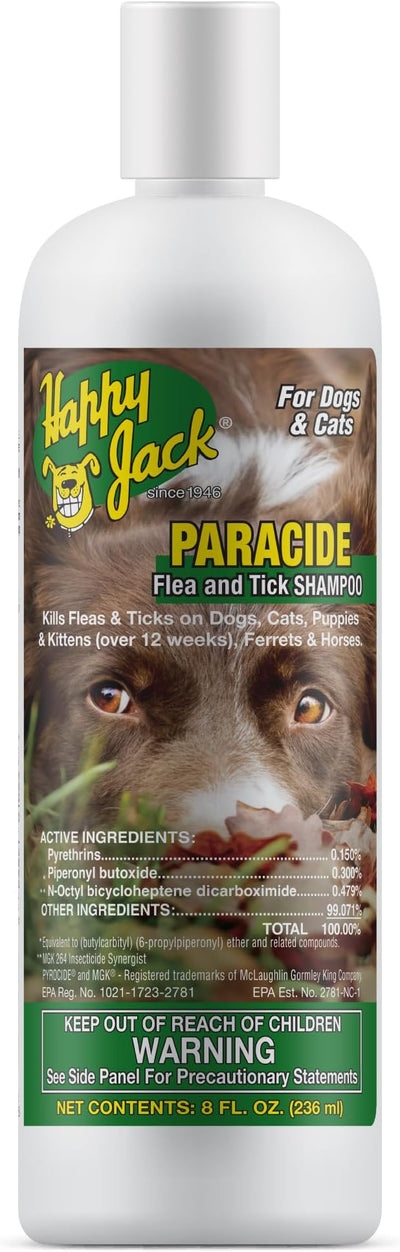 Happy Jack Paracide Flea & Tick Shampoo for Dogs & Cats, Medicated Treatment Shampoo Kills Fleas, Ticks & Mites on Contact, 30-Day Prevention, Deep Coat & Skin Protection for Sensitive Pets (8 oz)