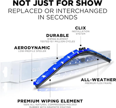 ClixWipers 22" + 14" (Set of 2) Stars All Weather Premium Automotive Replacement Windshield Wiper Blades, Passenger and Driver Side Winter Wiper Blades for Various Car Models