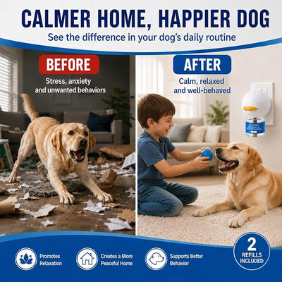 Dog Calming Diffuser, Dog Pheromone Diffuser for Dogs, Plug-in Calming Kit for Barking, Chewing, Pee Accidents, Thunderstorms, Travel & New Home, 700 Sq Ft, 1 Plug-in + 2 Refills