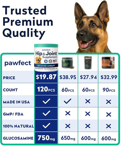 Pawfect Mobility Glucosamine Chews for Dogs - Hip & Joint Health Supplement Chews w/Omega-3, Chondroitin, MSM - Made in USA - Joint Pain Relief - Hip & Joint Care - 120ct