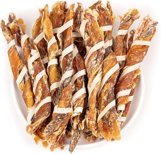 MON2SUN Dog Treats, Triple Flavor Jerky Twist Sticks, 5-7 Inch Chicken Duck and Codfish Sticks Chews for Small Dogs, Healthy Snacks, 10.58 oz (15 Count-Pack of 1)