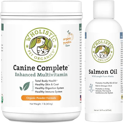 Wholistic Pet Organics Canine Complete & Salmon Oil - Dog Vitamins with Wild Alaskan Salmon Oil for Immune System, Skin, Coat & Overall Health - 1 lb Each