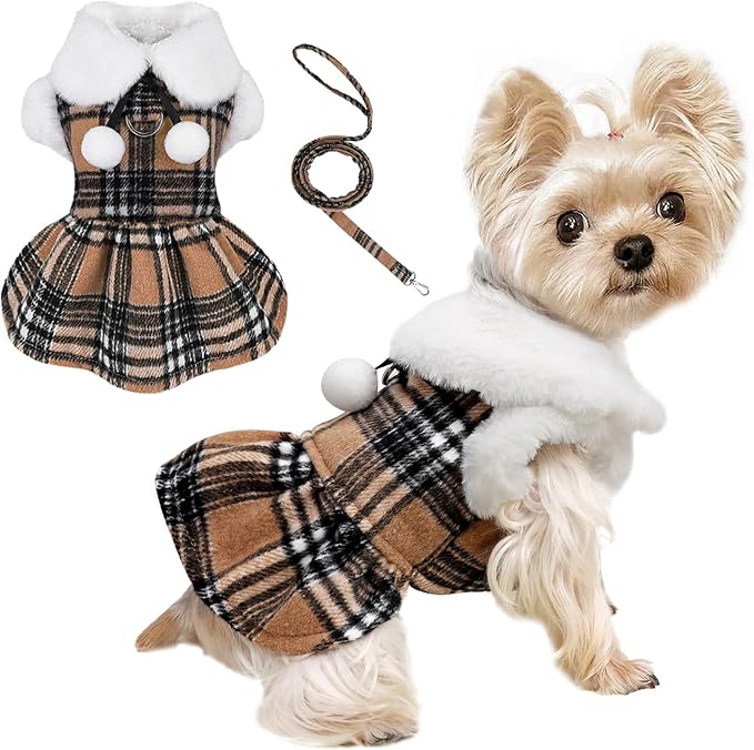Dog Sweater with Leash Set D Ring Plaid Fleece Dog Clothes for Small Dogs Girl Boy Winter Puppy Dress Cold Weather Coat Fall XXS Sweater for Chihuahua Yorkie Cat Doggy Costumes, Khaki, M