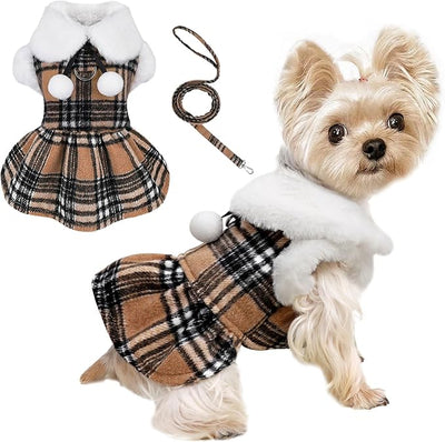 Dog Sweater with Leash Set D Ring Plaid Fleece Dog Clothes for Small Dogs Girl Boy Winter Puppy Dress Cold Weather Coat Fall XXS Sweater for Chihuahua Yorkie Cat Doggy Costumes, Khaki, M