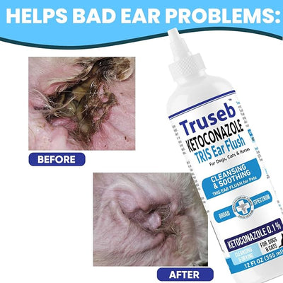 Truseb Cat & Dog Ear Infection Treatment Solution Flush – Medicated Ketoconazole TRIS with Trizmax EDTA (Tromethamine, Disodium Edta) Dog Ear Cleaner, Flush Wash (Ketoconazole Ear Infection Flush 24oz