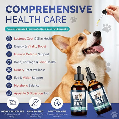 Dog & Cat Multivitamin, 15 in 1 Cat Vitamins with Glucosamine Cranberry, Pet Vitamins and Supplements Helps for Joints, Coat Shining, Immune System, Dog Liquid Multivitamin Promotes Appetite(60ml)